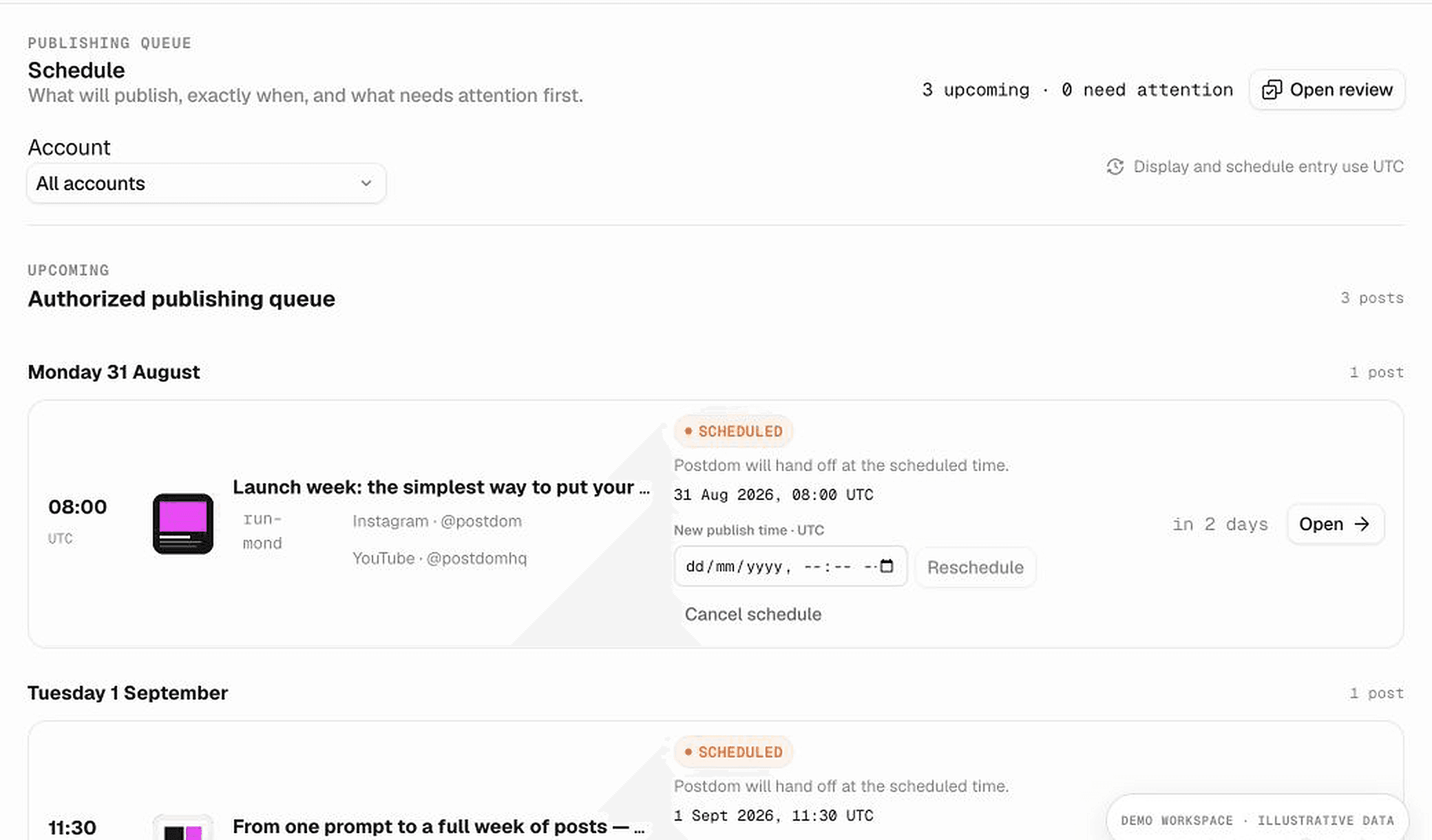 Postdom Schedule showing three authorized posts queued across connected social accounts