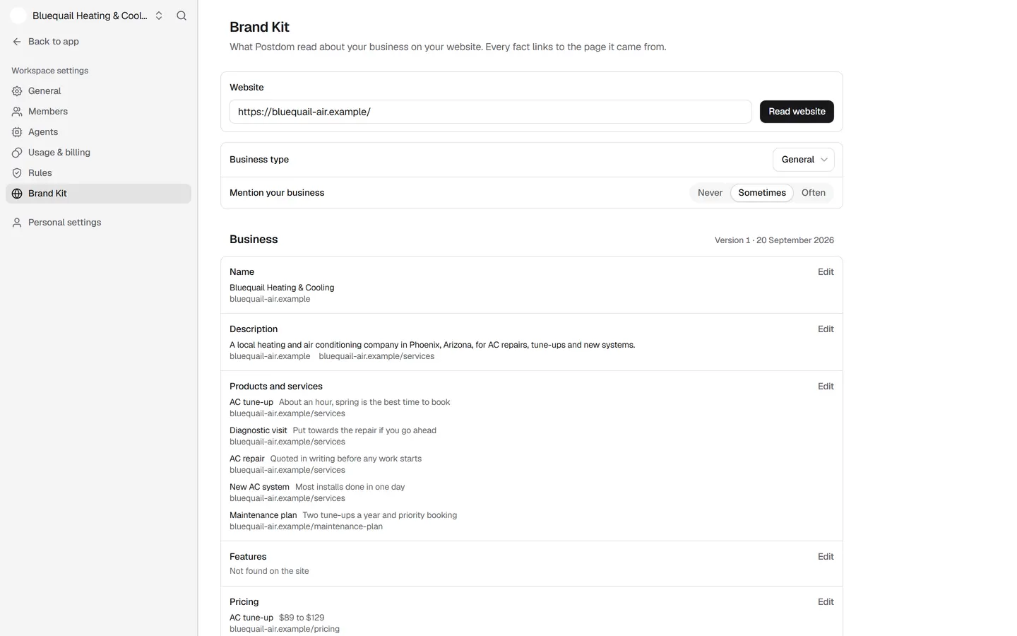 The Brand Kit settings page listing the business name, description, services and prices Postdom read from the website, each with the page it came from