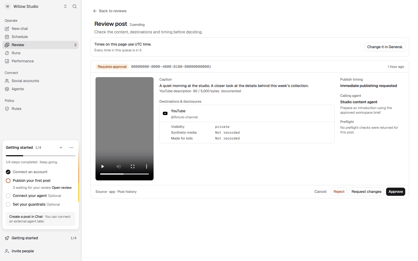 Postdom review screen with a synthetic video, a private YouTube destination and human decision controls